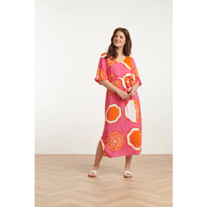 Smashed Lemon 25028 v-neck midi jurk met ballonmouwengrafisch fruitprint |
