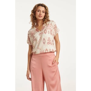 Smashed Lemon 25045 v-hals paneel top met een groot aztec print-nude tinten |
