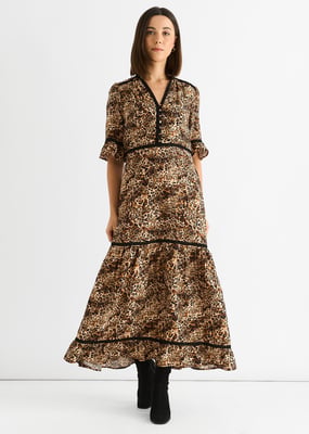 Brown Animal Print Lace Trim Tiered Midi Dress