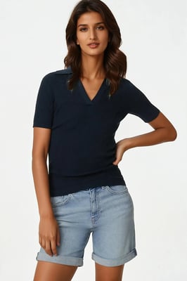 Ribbed Collared Short Sleeved Top
