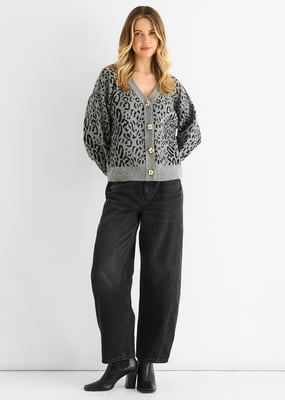 Grey Animal Print Wool Mix Cardigan Look Jumper