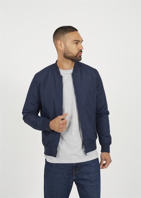 Navy Collarless Bomber Zip-Up Jacket