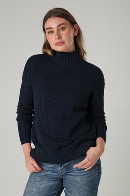 Navy Cotton Mozart Popcorn Knit High Neck Jumper