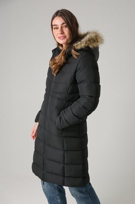 Black Midi Padded Parka Jacket With Faux Fur Hood