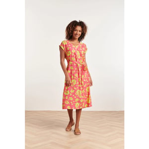 Smashed Lemon 24371 dames fuchsia jurk met allover lime bloemenprint |