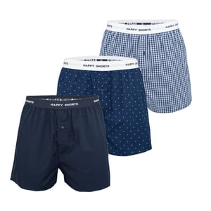 Happy Shorts 3-pack wijde boxershorts heren gestipt geblokt effen blauw