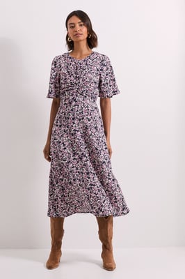 Pink Floral Twist Front Angel Sleeve Midi Dress