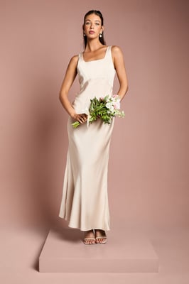 Square Neck Satin and Crepe Bridesmaids Dress with Bow Back