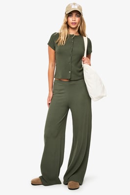 Crinkle Rib Button Through Cap Sleeve Top and Trouser Set