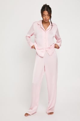 Satin Piping Detail Long Sleeve Shirt & Trousers Pyjama Set
