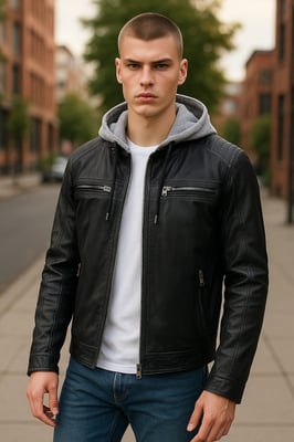 Mens Blue Hooded Biker Lamb Leather Jacket - Kingston