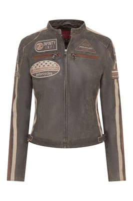 Damjacka med vintagebrun läder, biker- och racingmärken – Agadir