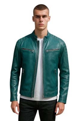 Mens Green Modern Classic Leather Quilted Biker Jacket - Mackay