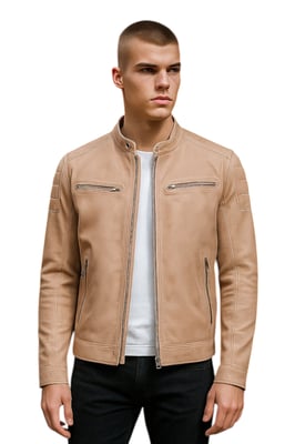 Mens Beige Modern Classic Leather Quilted Biker Jacket - Mackay