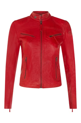 Womens Red Slim-Fit Leather Biker Jacket-Maldon