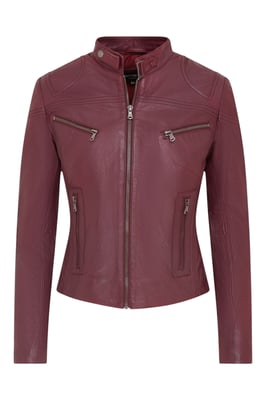 Womens Burgundy Slim-Fit Leather Biker Jacket-Maldon