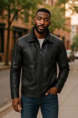 Mens Black Warm Mid-Length Leather Biker Coat - Colac