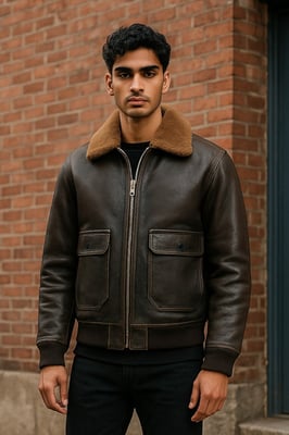 Herr Brun Läder Bomber Fårskinnskrage G-1 Pilotjacka - Harbor