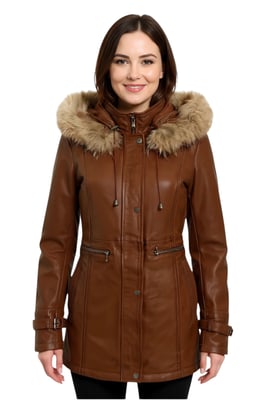 Womens Tan Leather Hooded Parka Jacket-Charleville