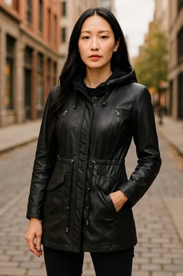 Womens Black Leather Hooded Parka Jacket-Clare