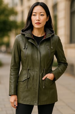 Womens Green Leather Hooded Parka Jacket-Clare