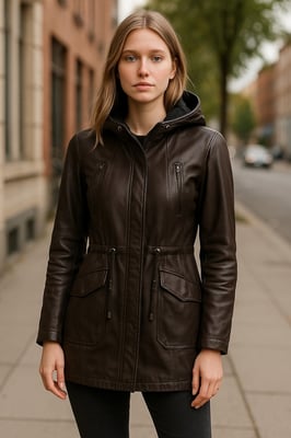 Womens Brown Leather Hooded Parka Jacket-Clare