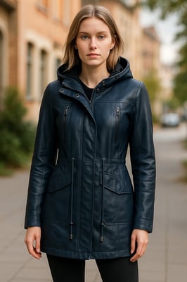 Womens Blue Leather Hooded Parka Jacket-Clare