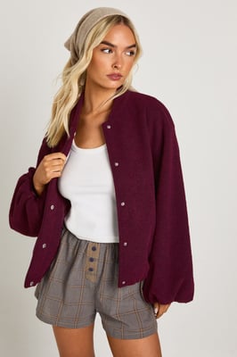 Balloon Sleeve Wool Look Bomber Jacket