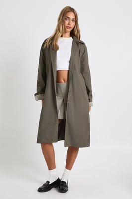 Check Cuff Detail Collared Trench Coat