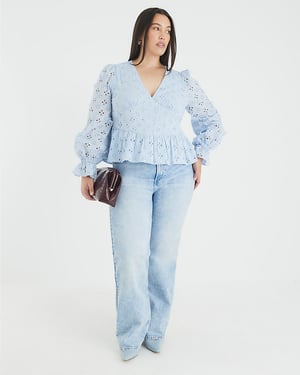River Island Womens Blouse Blue Long Sleeve Broderie Peplum