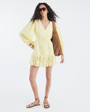 River Island Womens Mini Shirt Dress Yellow Long Sleeve Cutwork