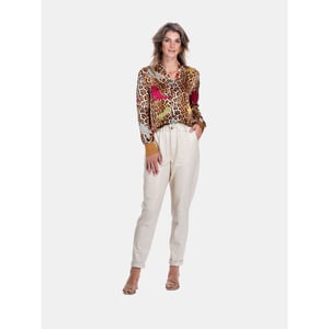 Mucho Gusto Blouse monza in zijde met camel luipaard print en multicolor luipaarden