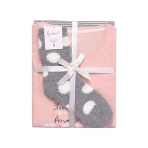 By Louise Dames pyjama set lang katoen roze / grijs gestreept