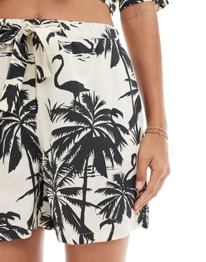 Noisy May high waist loose fit short co-ord with palm print in cream
