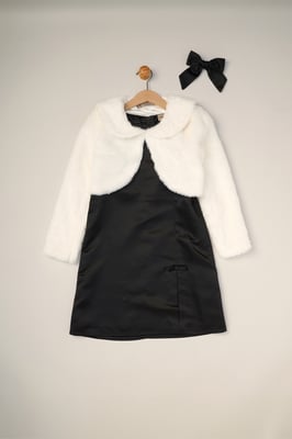 Satin Shift Dress, Faux Fur Cardigan and Bow Clip Set