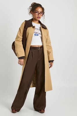 Belted Trench Coat with Contrast Faux Leather Collar