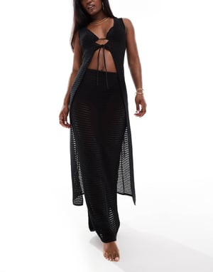 Kaiia exclusive crochet knit tie front maxi top co-ord in black