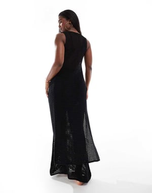 Kaiia exclusive crochet knit tie front maxi top co-ord in black