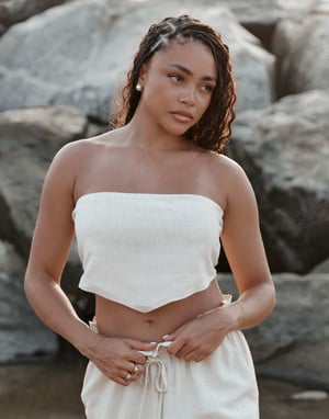 4th & Reckless x Loz Vassallo tulum multiway bandeau linen beach crop top co-ord in beige