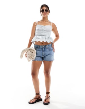 Miss Selfridge cotton broderie pintuck cami top in blue