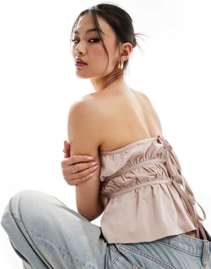 ASOS DESIGN bubble hem shirred bandeau top with tie back in stone