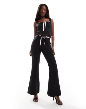 Kaiia exclusive square neck bow detail split front top co-ord in black