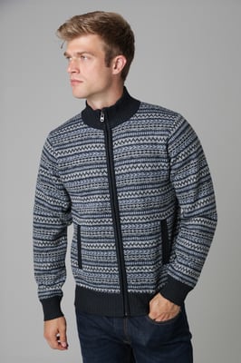 Navy Jacquard Fleece-Lined Zip-Through Cardigan
