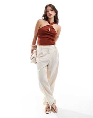 ASOS DESIGN slinky halter top with trim detail in rust