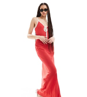 ASOS DESIGN Tall linen slip dress with contrast binding in cherry red
