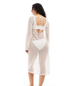 Pieces open knit beach midi dress with bell sleeves in cream