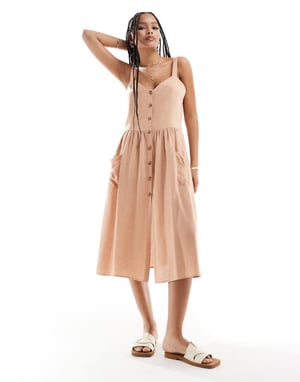ASOS DESIGN linen natural button through midi dress with pockets in biscuit