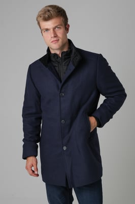 Navy Funnel Neck Coat With Wool