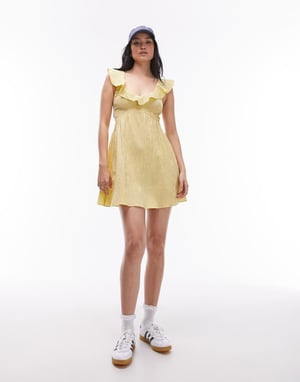 Topshop textured mini shirred ruffle strap dress in yellow stripe