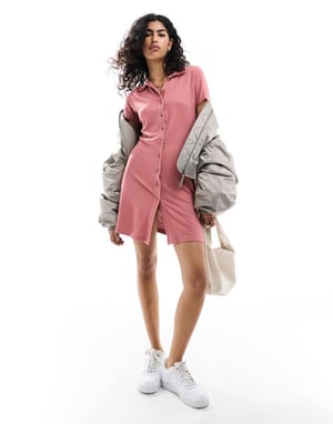 ASOS DESIGN collared linen look mini tea dress with button front in rust